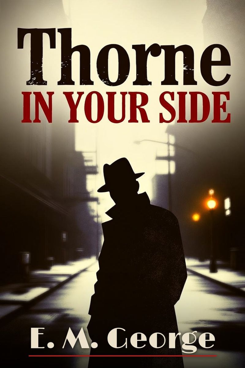 Cover of Thorne in Your Side by E. M. George: a man in a fedora and trench coat stands silhouetted on a foggy, rain-slick street under gas lamps.